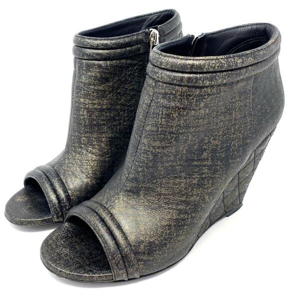 CHANEL GOLD BLACK OPEN TOE SHORT WEDGE BOOTIES SIZE 38.5 / US 7.5 - Picture 9 of 15